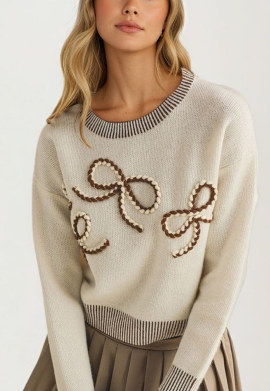 AnnieWear Bow Detail Knit Sweater Cream Brown Cozy Chic Size Small